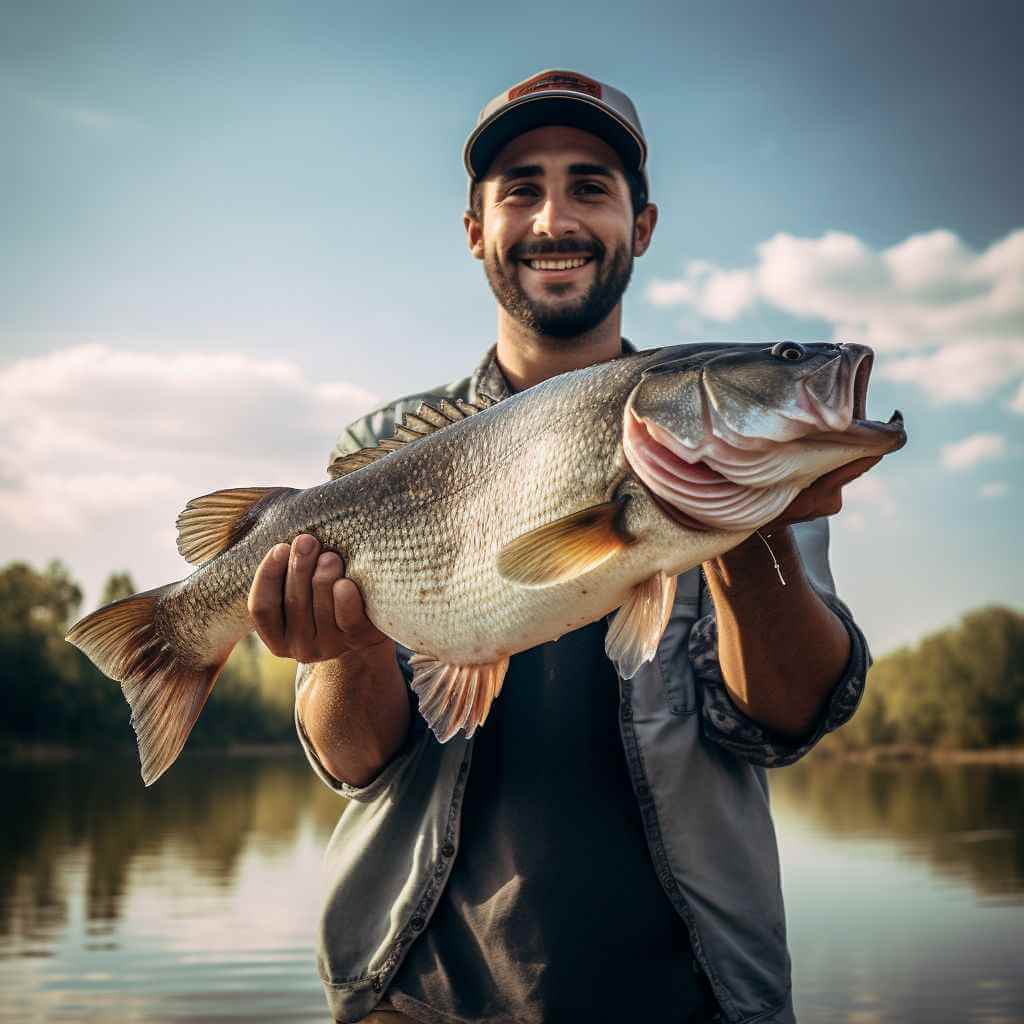 Счастливый рыболов с рыбой на фоне зимнего пейзажа